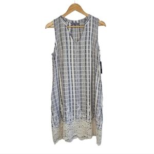 Embroidered crochet stripe dress size 10 shift midi blue cream NWT